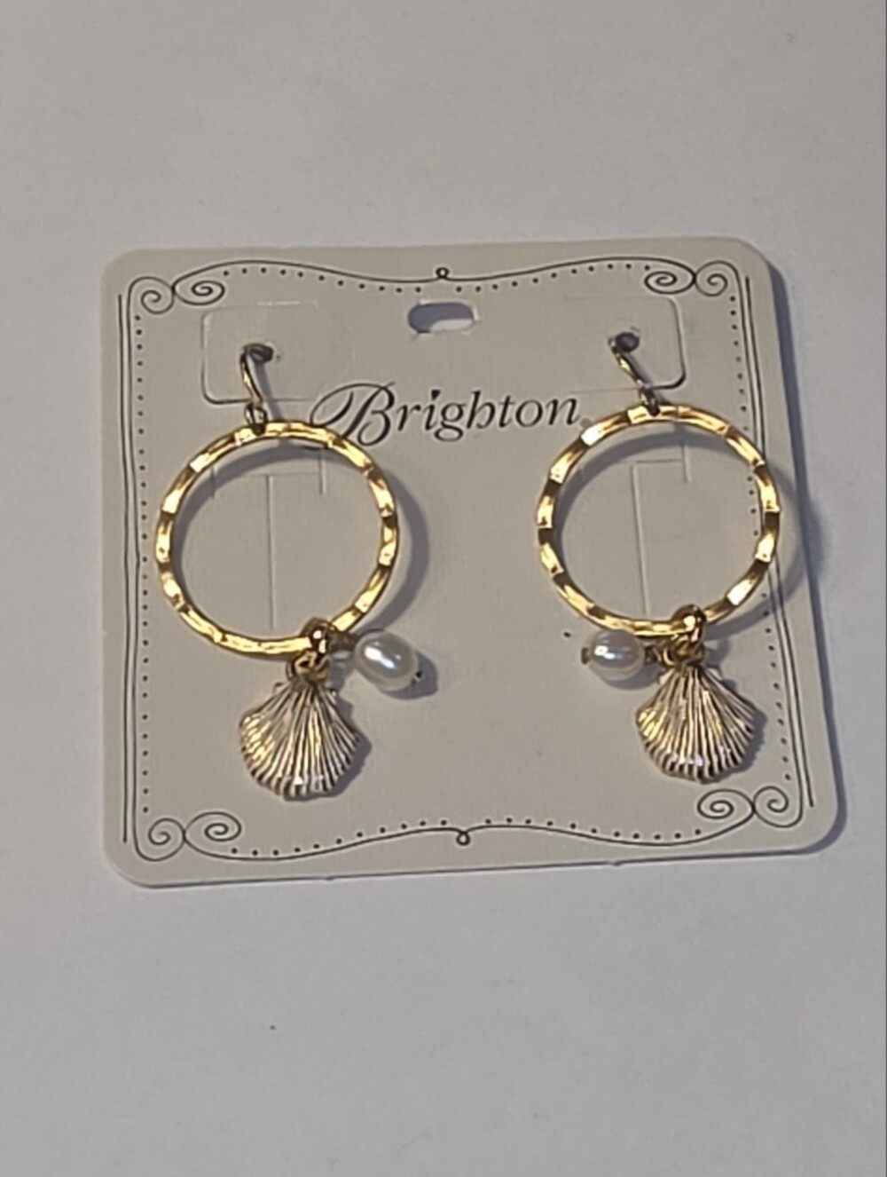 Brighton Gold Hammered Hoop Earrings Seashell Pearl Nautical Dangle French Hook